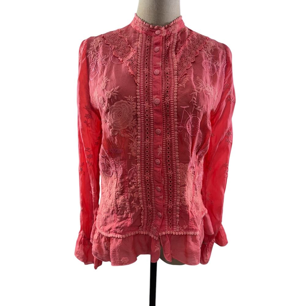 "Johhny Was" Serene Ryder Blouse, Passion Fruit ,SZ S ,Embroidered, Whimsy, Boho
